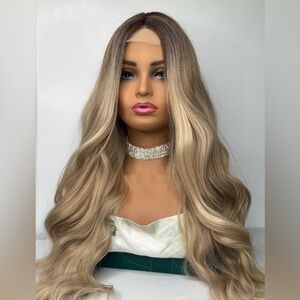 Blonde Lace Front Wig – Long Wavy Ombre Wig with Natural Hairline 28 In